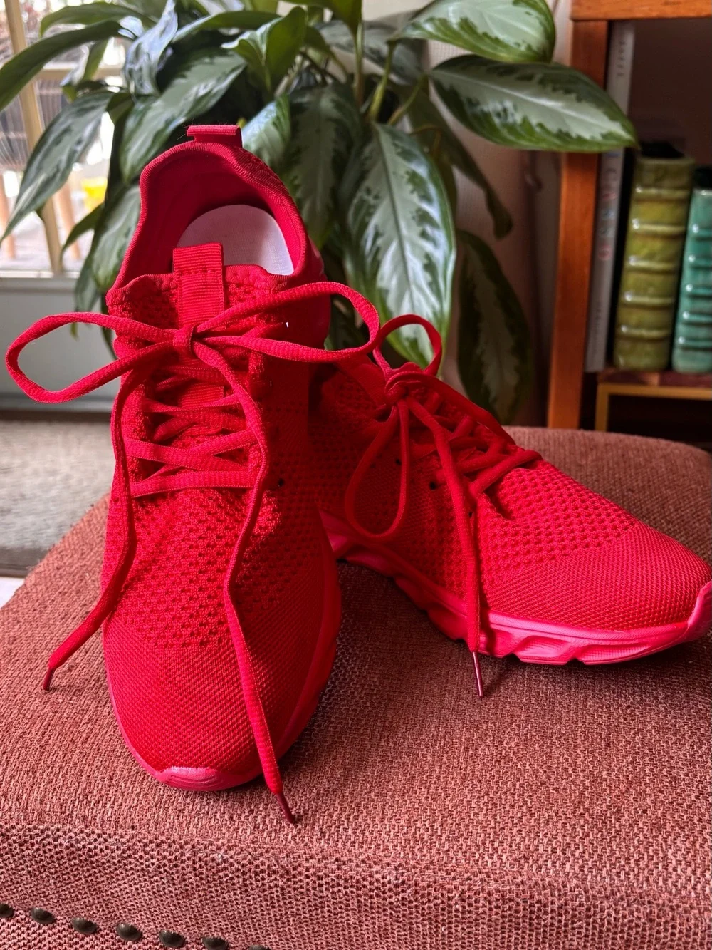 Women’s Red Knit Lace-Up Athletic Sneakers